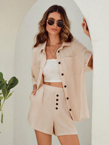 Drop Shoulder Pocket Patched Shirt & Shorts Without Cami Top