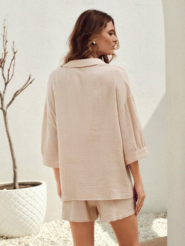 Drop Shoulder Pocket Patched Shirt & Shorts Without Cami Top