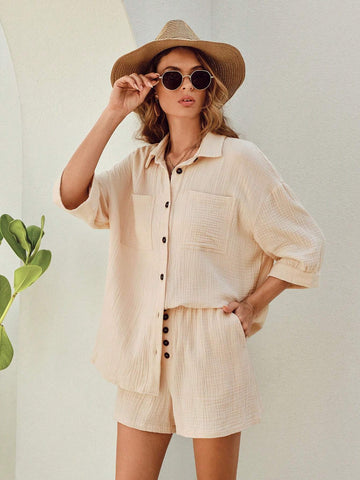 Drop Shoulder Pocket Patched Shirt & Shorts Without Cami Top