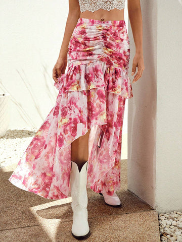 VCAY Allover Print Ruched Ruffle Hem Skirt