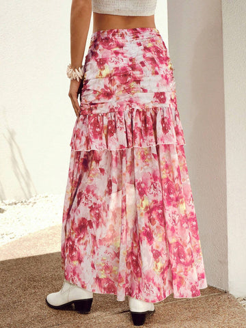 VCAY Allover Print Ruched Ruffle Hem Skirt