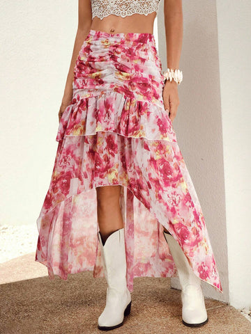 VCAY Allover Print Ruched Ruffle Hem Skirt