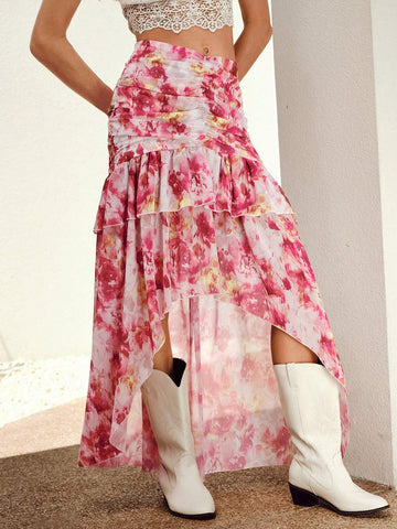 VCAY Allover Print Ruched Ruffle Hem Skirt