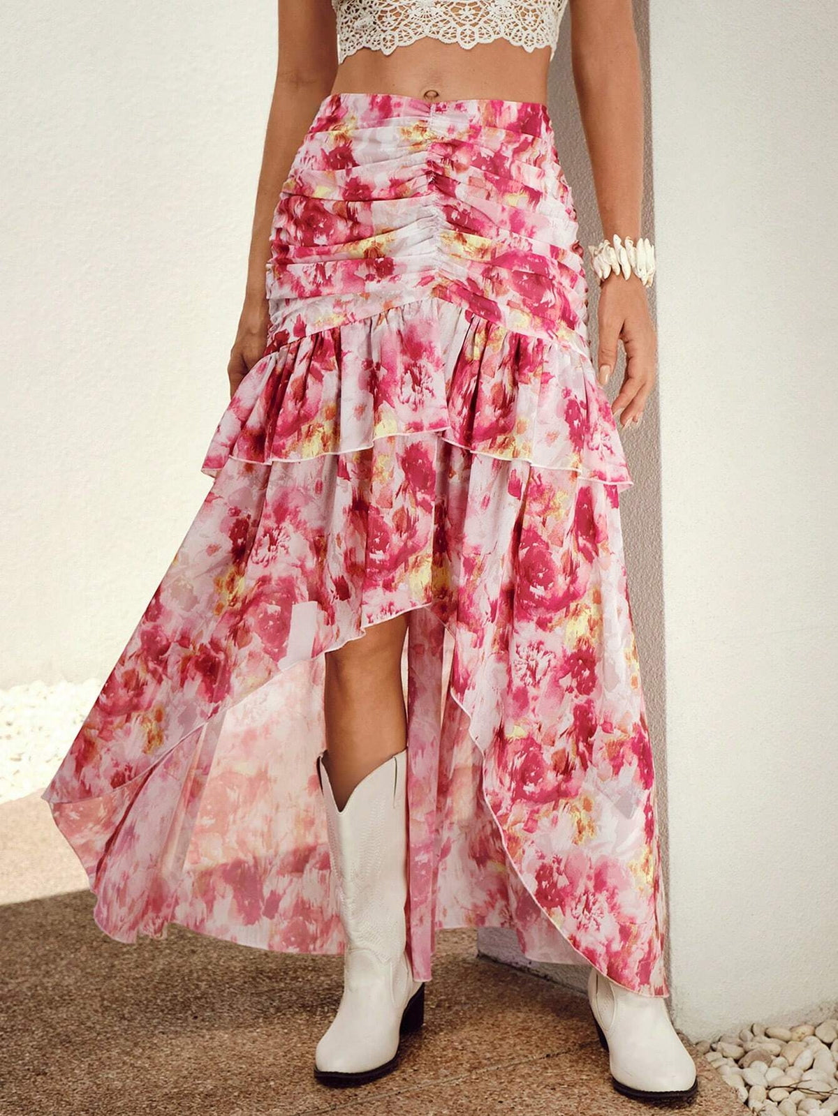 VCAY Allover Print Ruched Ruffle Hem Skirt