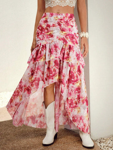 VCAY Allover Print Ruched Ruffle Hem Skirt