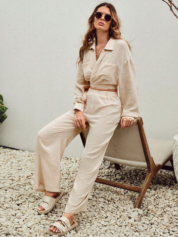 Drop Shoulder Crop Top & Wide Leg Pants