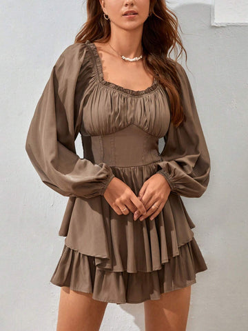 Ruched Bust Lantern Sleeve Two Layer Hem Romper