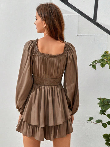 Ruched Bust Lantern Sleeve Two Layer Hem Romper