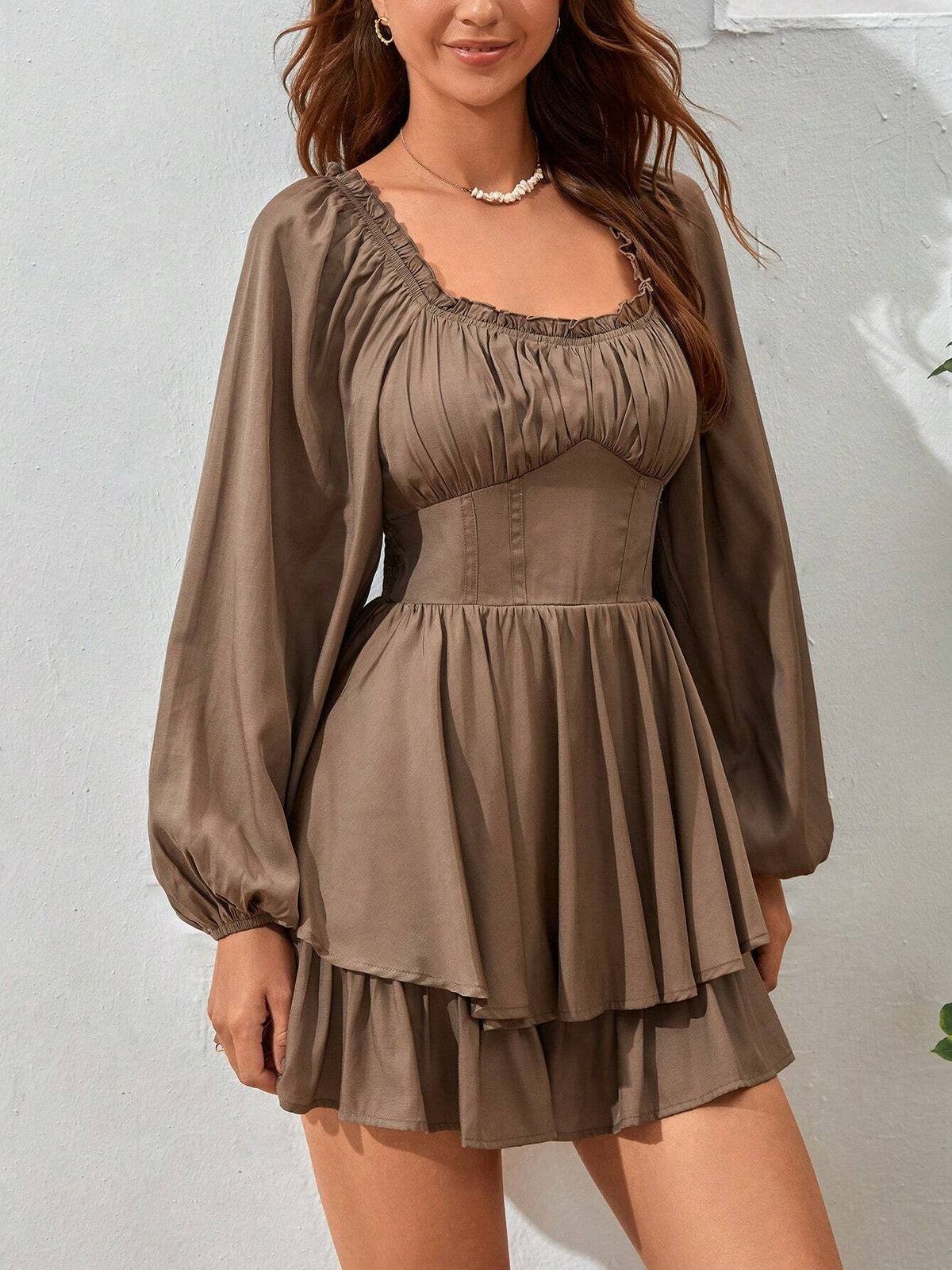 Ruched Bust Lantern Sleeve Two Layer Hem Romper