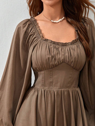 Ruched Bust Lantern Sleeve Two Layer Hem Romper