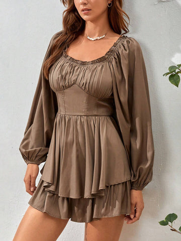 Ruched Bust Lantern Sleeve Two Layer Hem Romper