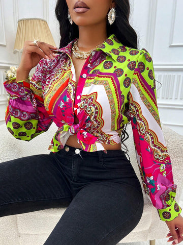 Scarf Print Button Front Shirt