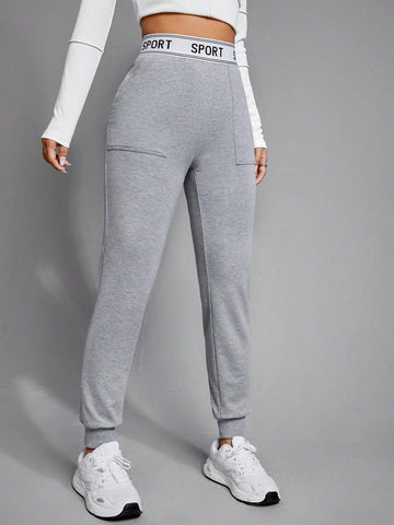 EZwear Letter Graphic Elastic Waist Sweatpants