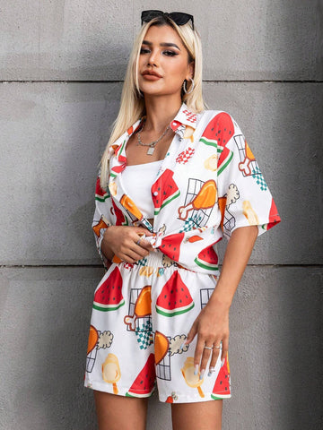 Fruit Graphic Drop Shoulder Blouse & Shorts