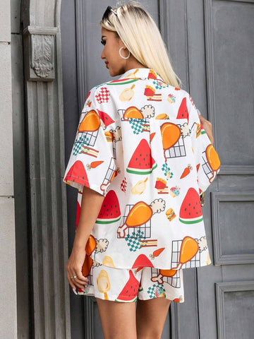 Fruit Graphic Drop Shoulder Blouse & Shorts