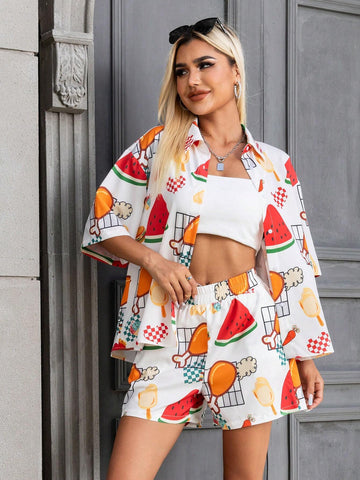 Fruit Graphic Drop Shoulder Blouse & Shorts