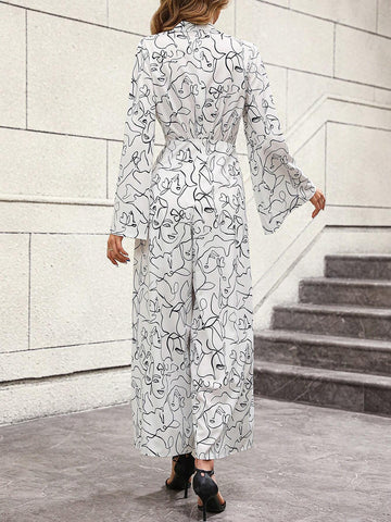 Allover Print Flare Sleeve Wide Leg Jumpsuit