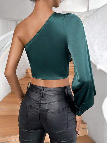 One Shoulder Lantern Sleeve Knot Side Crop Satin Blouse