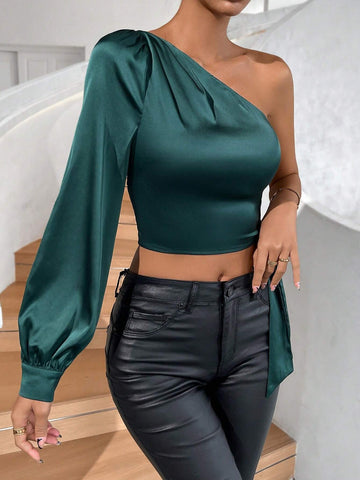 One Shoulder Lantern Sleeve Knot Side Crop Satin Blouse