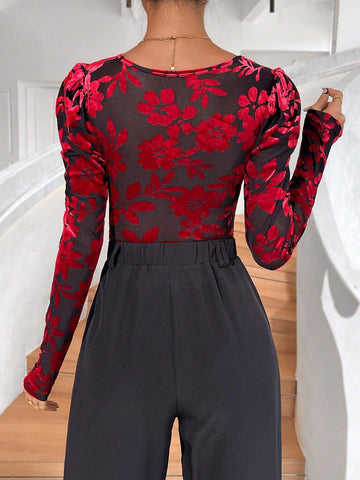 Floral Print Gigot Sleeve Plunging Neck Mesh Bodysuit