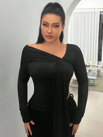 Solid Asymmetrical Neck Draped Detail Tee