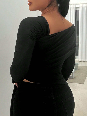 Solid Asymmetrical Neck Draped Detail Tee