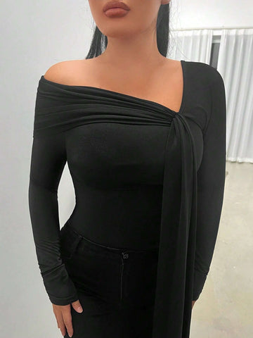 Solid Asymmetrical Neck Draped Detail Tee