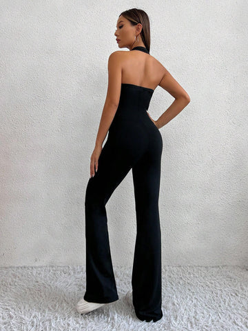 Solid Halter Neck Backless Flare Leg Halter Jumpsuit