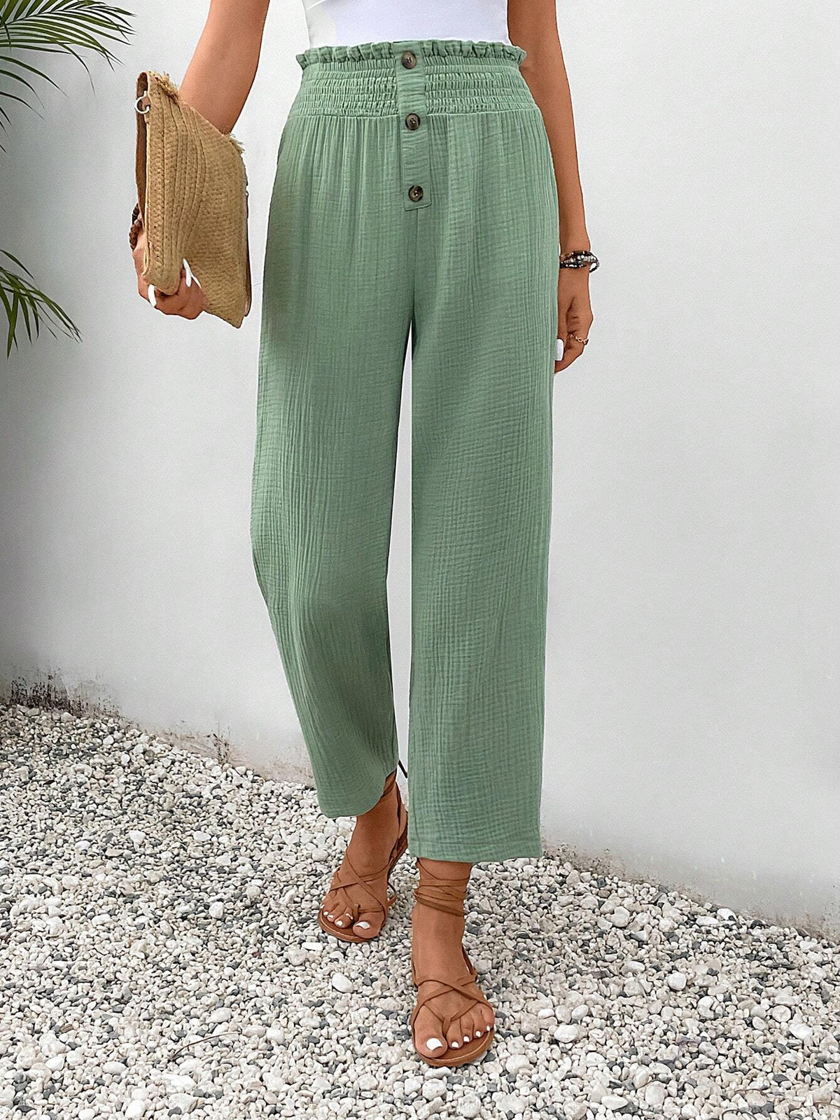 Frenchy Paperbag Waist Button Detail Pants