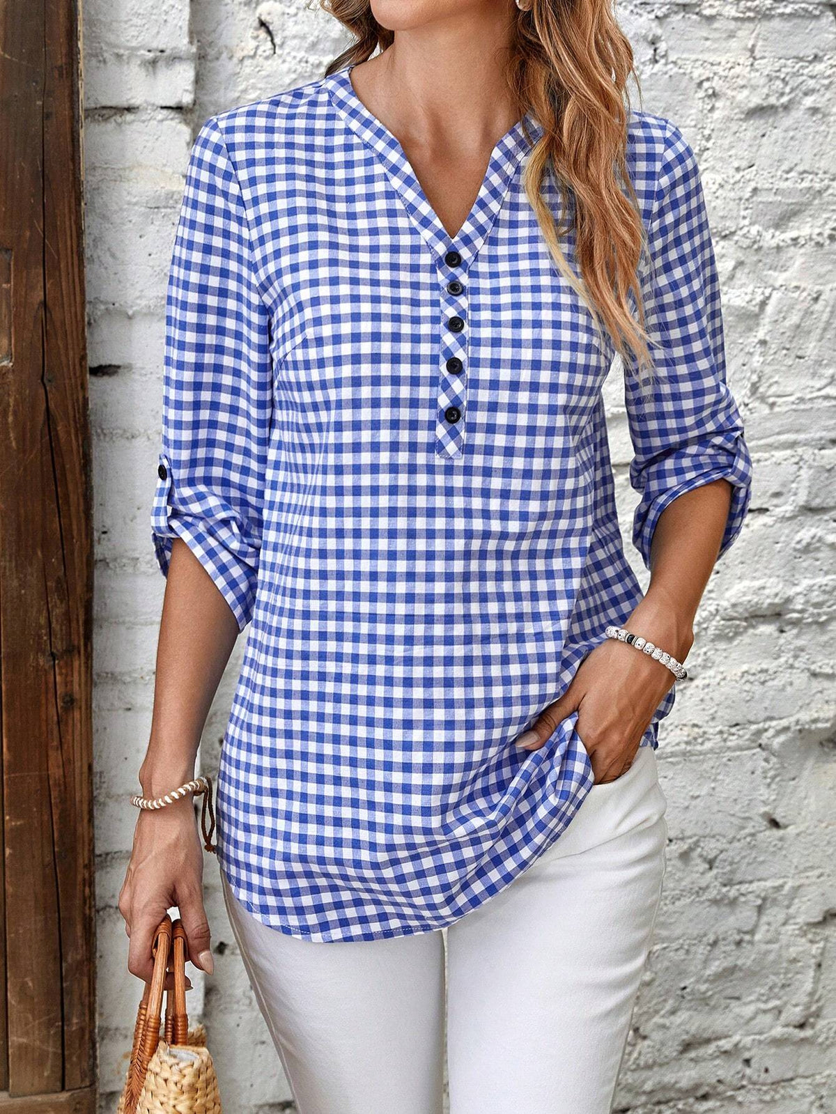 Gingham Print Roll Tab Sleeve Half Button Blouse