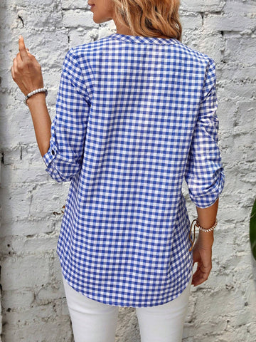 Gingham Print Roll Tab Sleeve Half Button Blouse