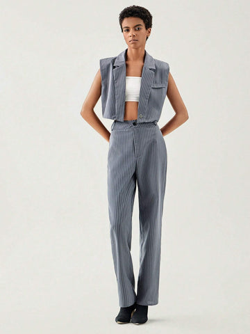 Striped Print Vest Jacket & Pants