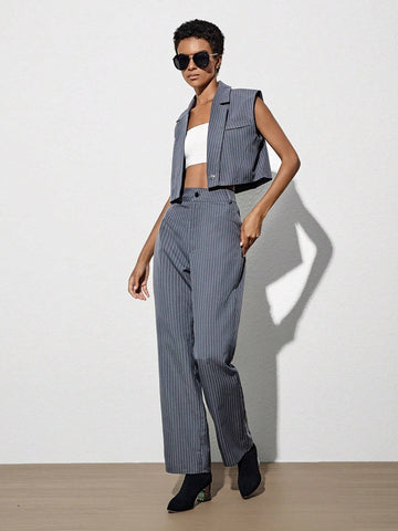 Striped Print Vest Jacket & Pants