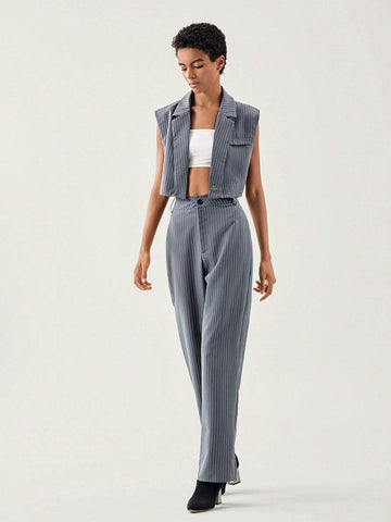 Striped Print Vest Jacket & Pants