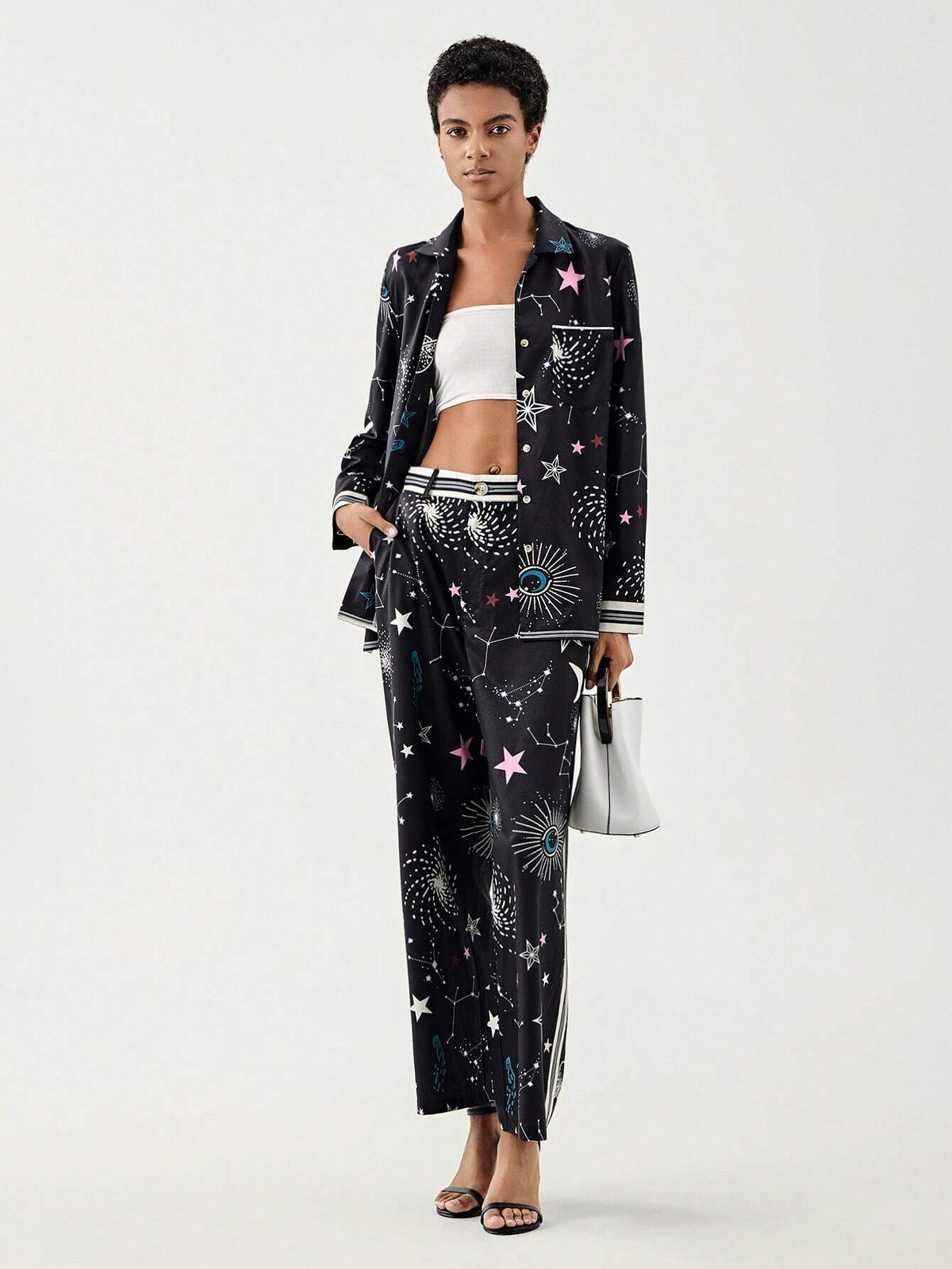 Galaxy Print Lapel Neck Blouse & Pants