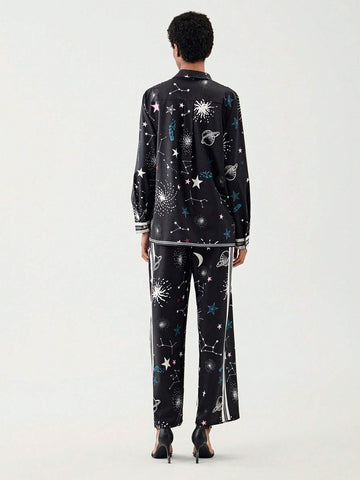 Galaxy Print Lapel Neck Blouse & Pants