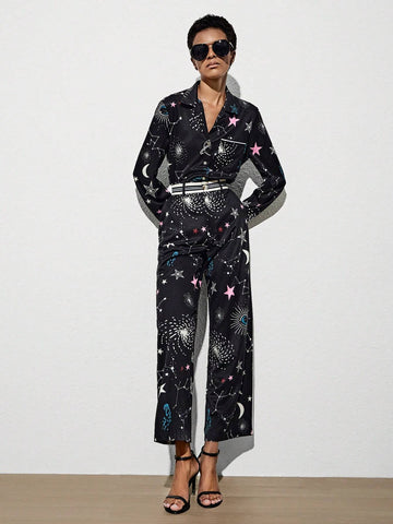Galaxy Print Lapel Neck Blouse & Pants