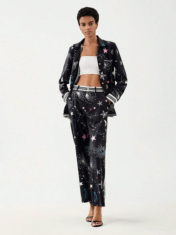 Galaxy Print Lapel Neck Blouse & Pants