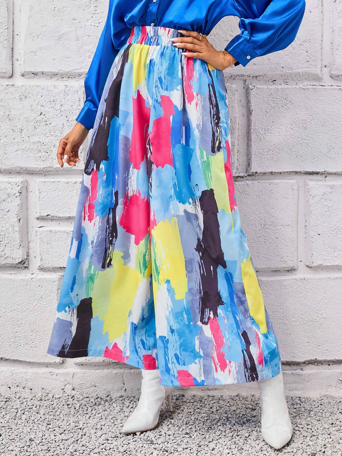 Unity Brush Print Elastic Waist Wide Leg Pants