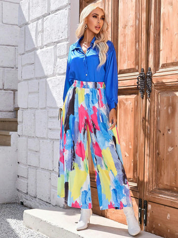 Unity Brush Print Elastic Waist Wide Leg Pants