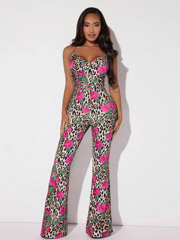 Leopard & Floral Print Flare Leg Cami Jumpsuit