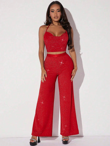 Draped Collar Glitter Halter Top & Wide Leg Pants