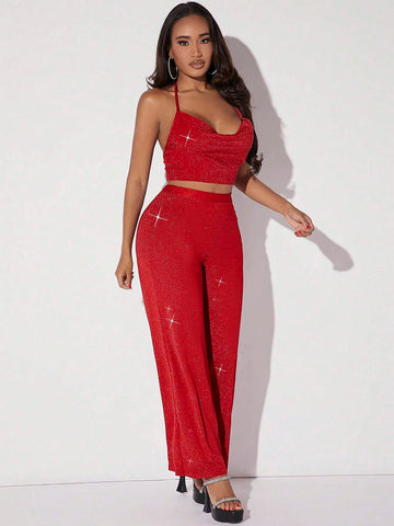 Draped Collar Glitter Halter Top & Wide Leg Pants