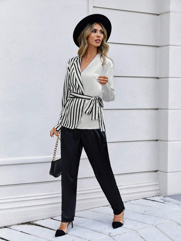 Striped Print Belted Shirt & Pants