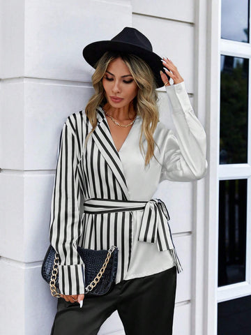 Striped Print Belted Shirt & Pants