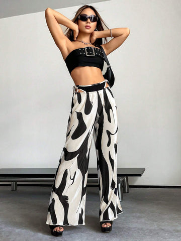ICON Allover Print Cut Out Waist Straight Leg Pants