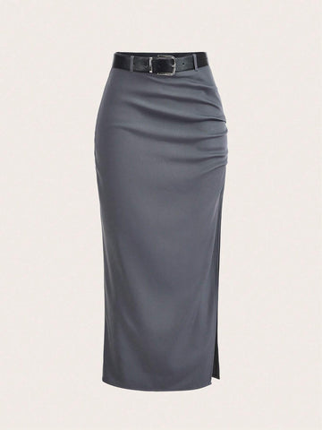 EZwear Solid Split Hem Belted Skirt