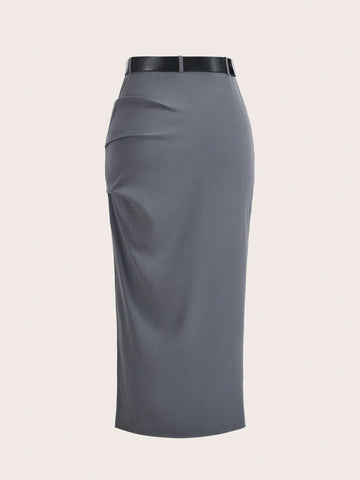 EZwear Solid Split Hem Belted Skirt