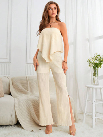 Solid Bandana Hem Tube Top & Split Thigh Pants