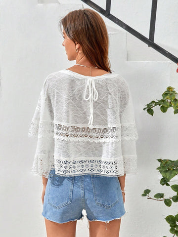 Tie Neck Guipure Lace Insert Raglan Sleeve Blouse